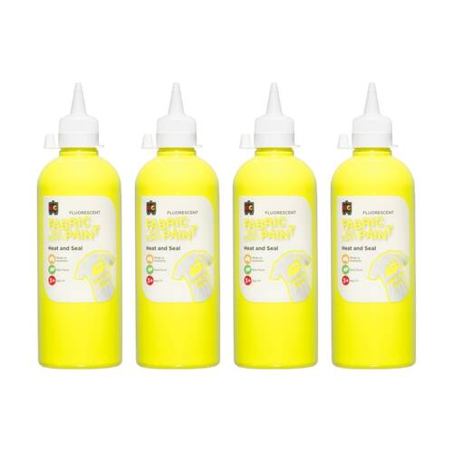 4PK Educational Colours Fluorescent Fabric & Craft Kids Paint Yellow 500ml 3y+