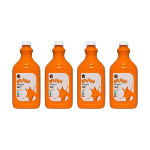 4PK Educational Colours Splash Classroom Acrylic Paint Tangy Orange 2L 3y+