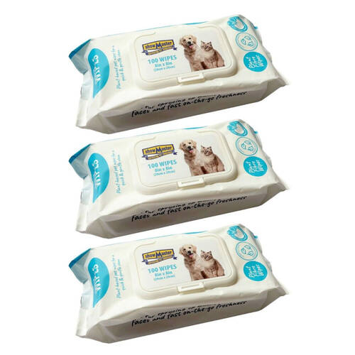 3x 100pc Showmaster Plant-Based Hypoallergenic Dog Cat Pet Wipes Coconut/Vanilla