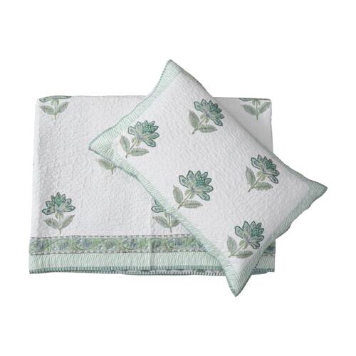 3pc LVD White/Green Flower Bedspread Quilt Set W/ Pillow Shams King/Super King