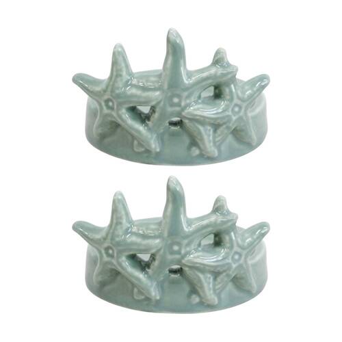 2PK LVD Green Ceramic Starfish Candle Holder Coastal Home Decor 10x10x6.5cm