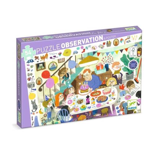 54pc Djeco Birthday Party Observation Puzzle With Poster For Kids Ages 4+