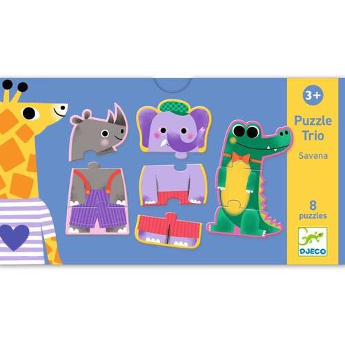 8x3pc Djeco Savana Puzzle Animal Matching Educational 3+ Years