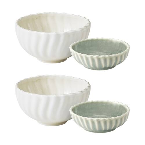 2PK Ecology Ritual Rippled Porcelain Dip Bowl Set Green & Off White 9.5cm/12cm