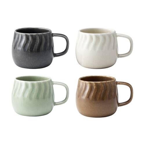 4pc Ecology Ritual Rippled Porcelain Coffee Mugs Earth Tones 380ml