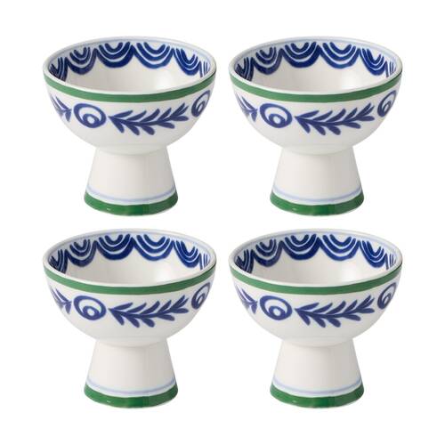 4PK Ecology Laurus Stoneware Footed Bowl Blue Green Fern Motif. 12x10cm