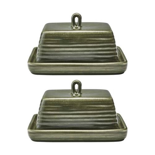 2PK Ecology Ottawa Stoneware Butter Dish Rustic Design Moss Green 15x10.5cm