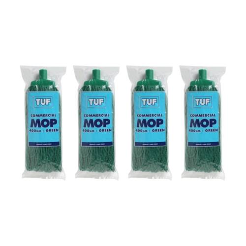 4PK TUF Heavy Duty Performance Commercial Blended Fibre Mop Green 400gm