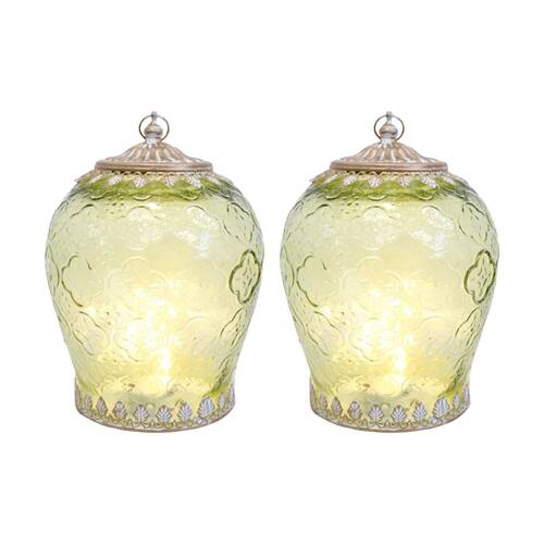2PK LVD Extra Large LED Foil Lantern/Candle Holder Apple Green/Gold 16x16x20.5cm