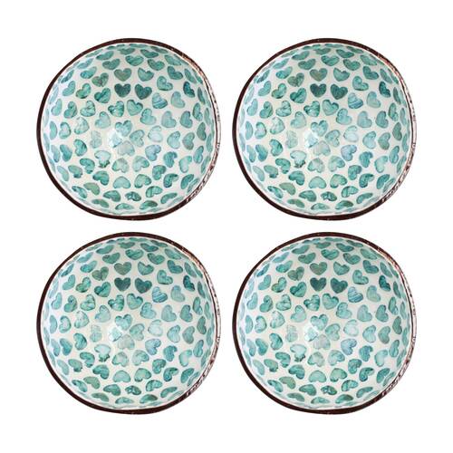 4PK LVD Turquoise Heart Round Coconut Capiz Trinket/Jewellery Bowl 13x13x6cm