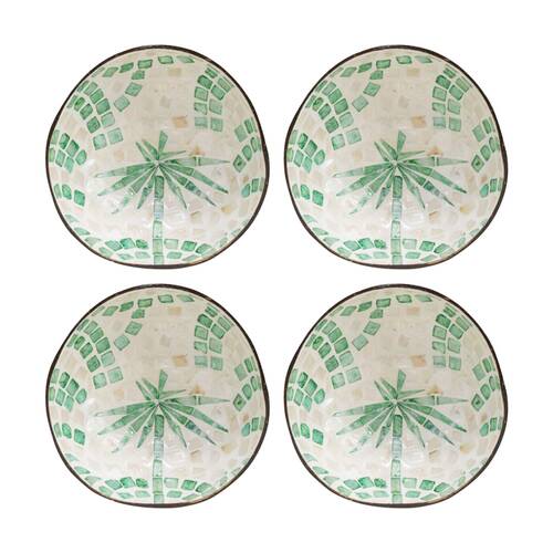 4PK LVD Palm Deep Green Round Coconut Capiz Trinket/Jewellery Bowl 13x13x6cm