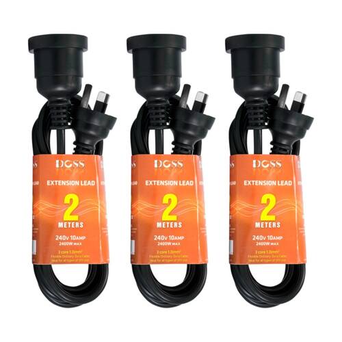 3PK Doss 2M Power Extension Lead Black 2 Meter Cord 2400W 240V PVC DOSS