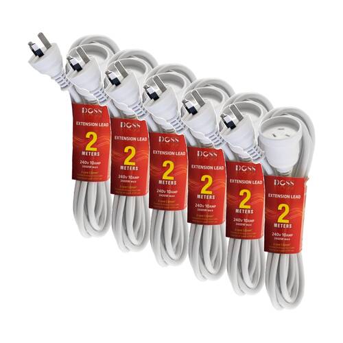6PK Doss 2M Power Extension Lead White Cord Australian 240V DOSS 2400W