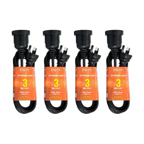4PK Doss 3M Power Extension Lead Black Cord 3 Metre Electrical DOSS