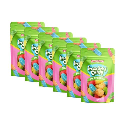 6PK Sweet Craze Freeze Dried Candy Sour Worms 120gm Fruit Flavour Gummies