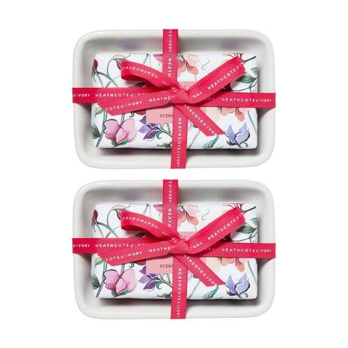 2PK Heathcote & Ivory Sweet Pea Honeysuckle Scented Soap W/ Dish 150g