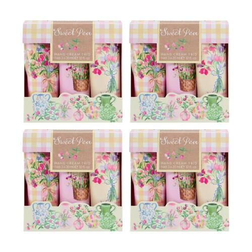 4x 3pc Heathcote & Ivory Sweet Pea Hand Cream Trio Travel Set 30ml
