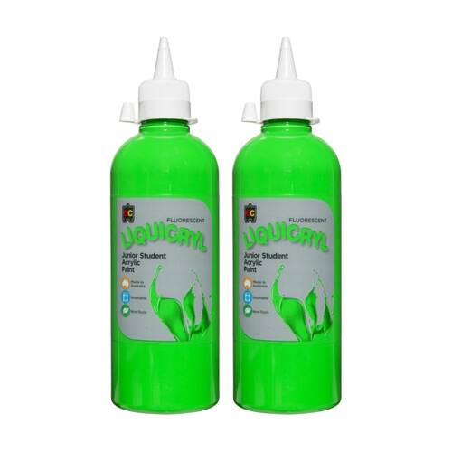 2PK Educational Colours Fluorescent Liquicryl Student Acrylic Paint Green 500ml