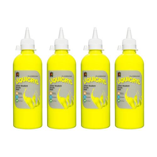 4PK Educational Colours Fluorescent Liquicryl Student Acrylic Paint Yellow 500ml