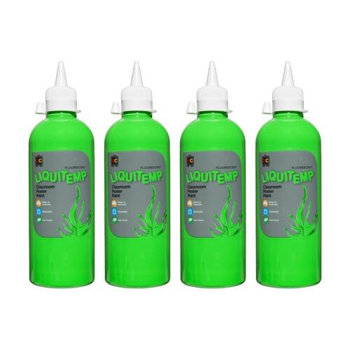 4PK Educational Colours Fluorescent Liquitemp Classroom Poster Paint Green 500ml