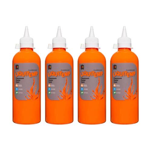 4PK Educational Colours Fluorescent Liquitemp Poster Paint Orange 500ml