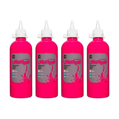 4PK Educational Colours Fluorescent Liquitemp Poster Paint Pink 500ml
