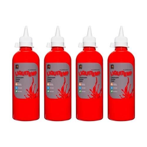 4PK Educational Colours Fluorescent Liquitemp Poster Paint Red 500ml