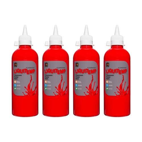 4PK Educational Colours Fluorescent Liquitemp Poster Paint Scarlet 500ml