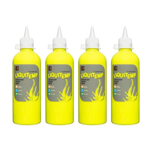 4PK Educational Colours Fluorescent Liquitemp Poster Paint Yellow 500ml