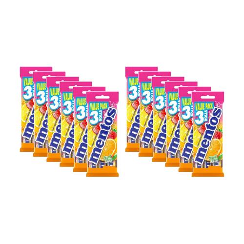 12x 3pc Mentos Fruit Roll Chewing Dragees Strawberry/Orange/Lemon Pack 29g