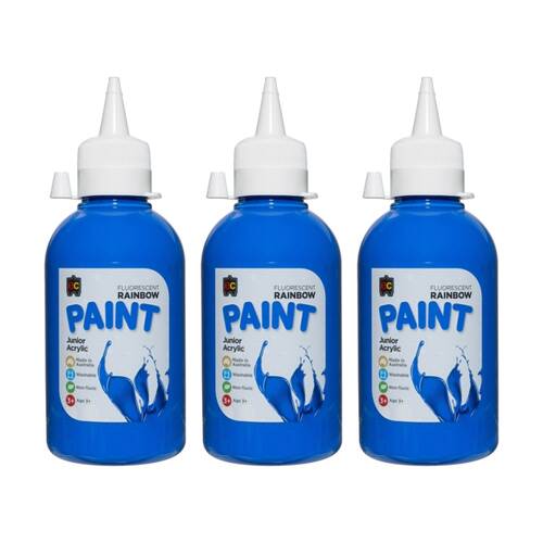 3PK Educational Colours Fluorescent Rainbow Junior Acrylic Paint Blue 250ml 3y+