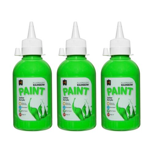 3PK Educational Colours Fluorescent Rainbow Junior Acrylic Paint Green 250ml 3y+