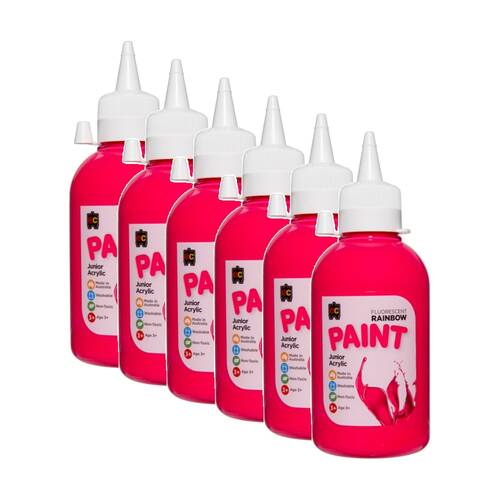 6PK Educational Colours Fluorescent Rainbow Junior Acrylic Paint Pink 250ml 3y+