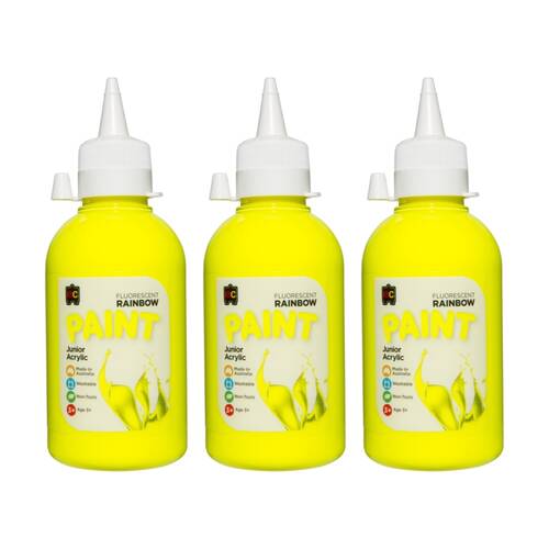 3PK Educational Colours Fluorescent Rainbow Acrylic Paint Yellow 250ml 3y+