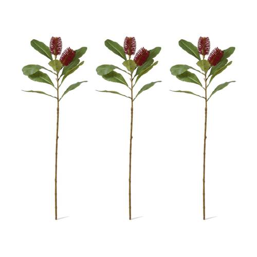 3PK E Style Banksia Spray Stem Artificial Flower Plant Red 14x5x76cm