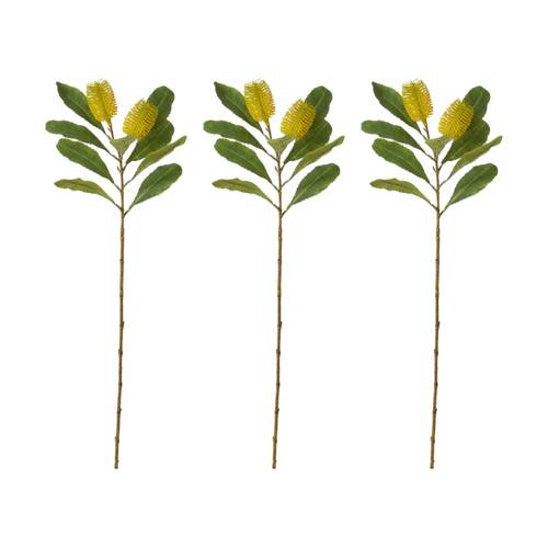 3PK E Style Banksia Spray Stem Artificial Flower Plant Yellow 14x5x76cm