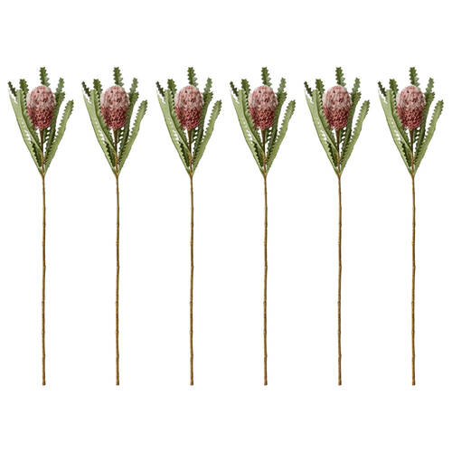 6PK E Style Banksia Plant Stem Durable Artificial Flower Dusty Pink 14x14x58cm