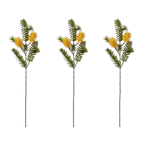3PK E Style Banksia Spray Artificial Flower Plant Stem Yellow 20x9x66cm