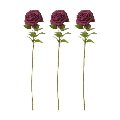 3PK E Style Rose Garden Stem Durable Artificial Flower Burgundy 22x14x66cm