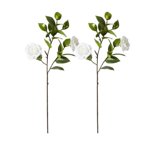 2PK E Style Camellia Spray Artificial Flower Stem White Green 30x25x69cm