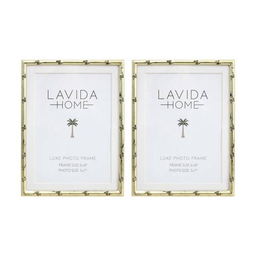 2PK LVD Luxe 6x8 Gold Bamboo Iron/ Glass Photo Frame Home Decor 20x15x1.5cm