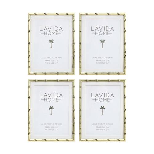 4PK LVD Luxe 6x8 Gold Bamboo Iron/ Glass Photo Frame Home Decor 20x15x1.5cm