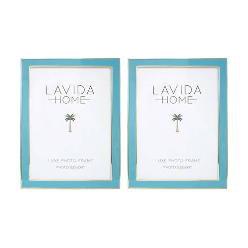 2PK LVD Aqua 6x8 Gold Trim Iron/ Glass Photo Frame Home Decor 21.5x16.5x1.6cm
