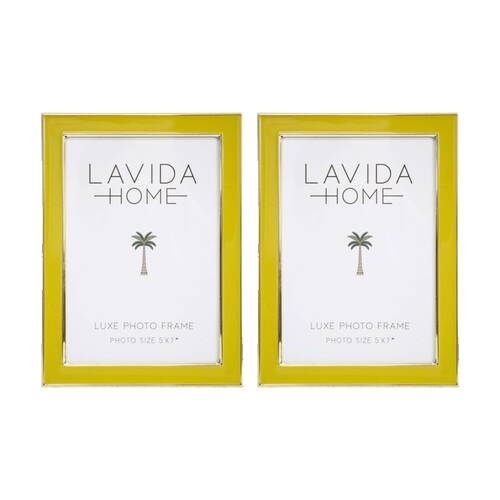 2PK LVD Mustard 5x7 Gold Trim Iron/ Glass Photo Frame Home Decor 19x14x1.5cm