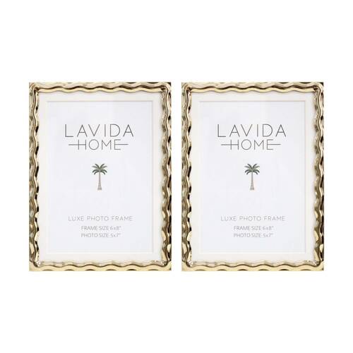 2PK LVD Luxe 6x8 Gold Wavy Iron/ Glass Photo Frame Home Decor 20.5x15.5x1.5cm