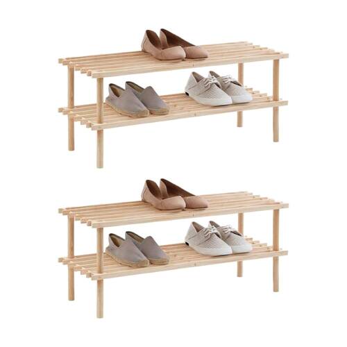 2PK Braz Wooden 2 Tier Shoe Rack Organiser Up To 6 Pairs 74x26x29cm Natural