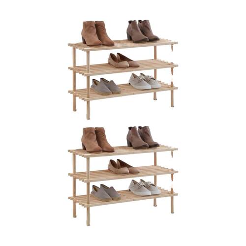 2PK Braz Wooden 3 Tier Shoe Rack Organiser Up To 9 Pairs 74x26x48cm Natural