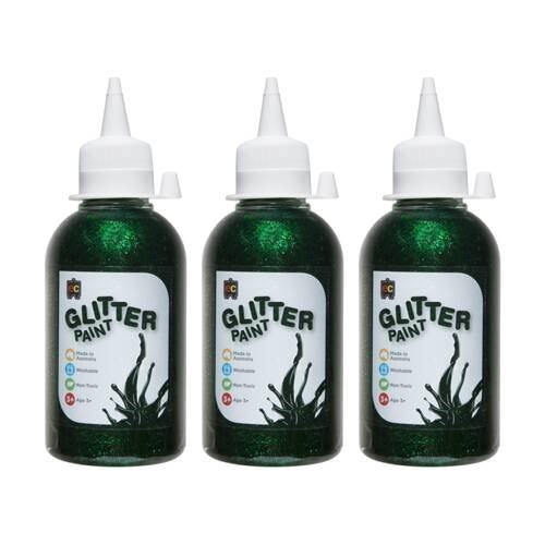 3PK Educational Colours Glitter Acrylic Junior Paint Green 250ml 3y+