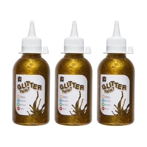 3PK Educational Colours Glitter Acrylic Junior Paint Gold 250ml 3y+