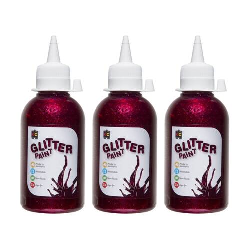 3PK Educational Colours Glitter Acrylic Junior Paint Magenta 250ml 3y+